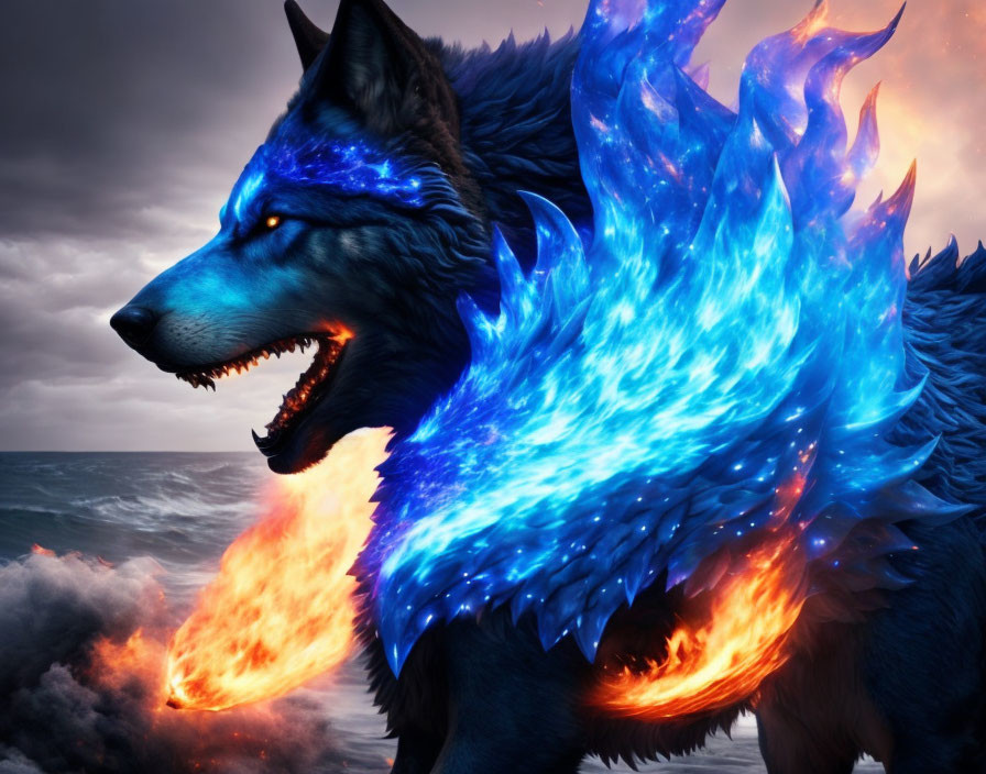 Blue digital wolf with fiery mane against stormy backdrop