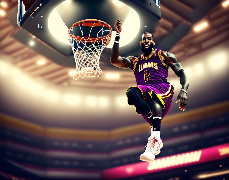 Basketball player scoring in mid-air in purple and gold uniform.