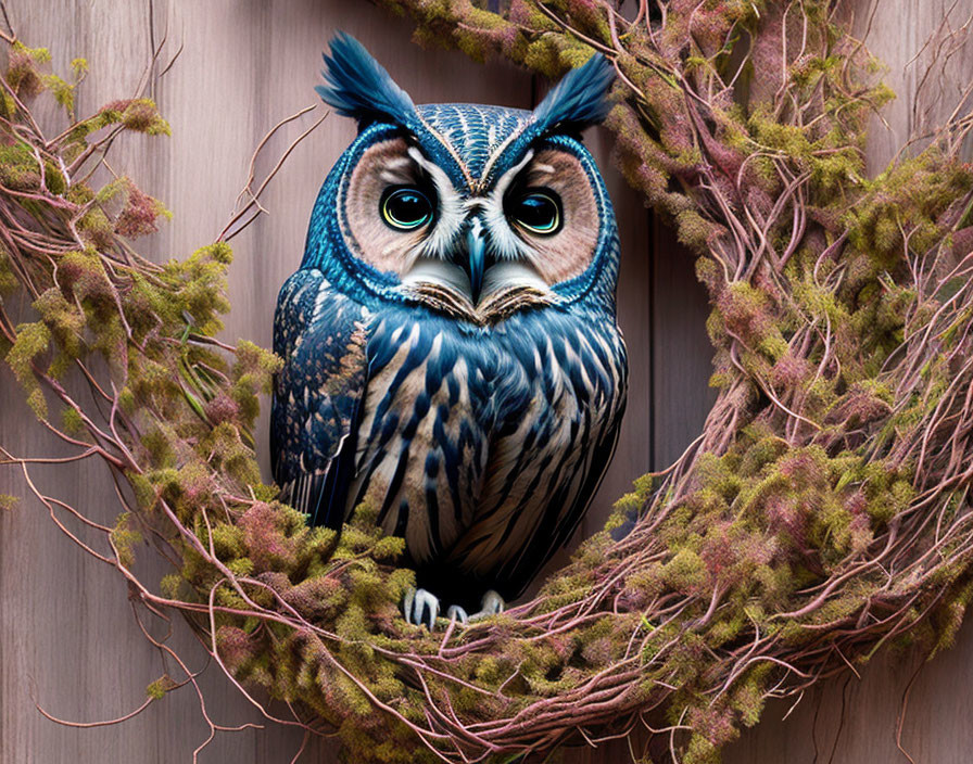 Colorful Stylized Owl Peering Through Circular Opening on Wooden Background