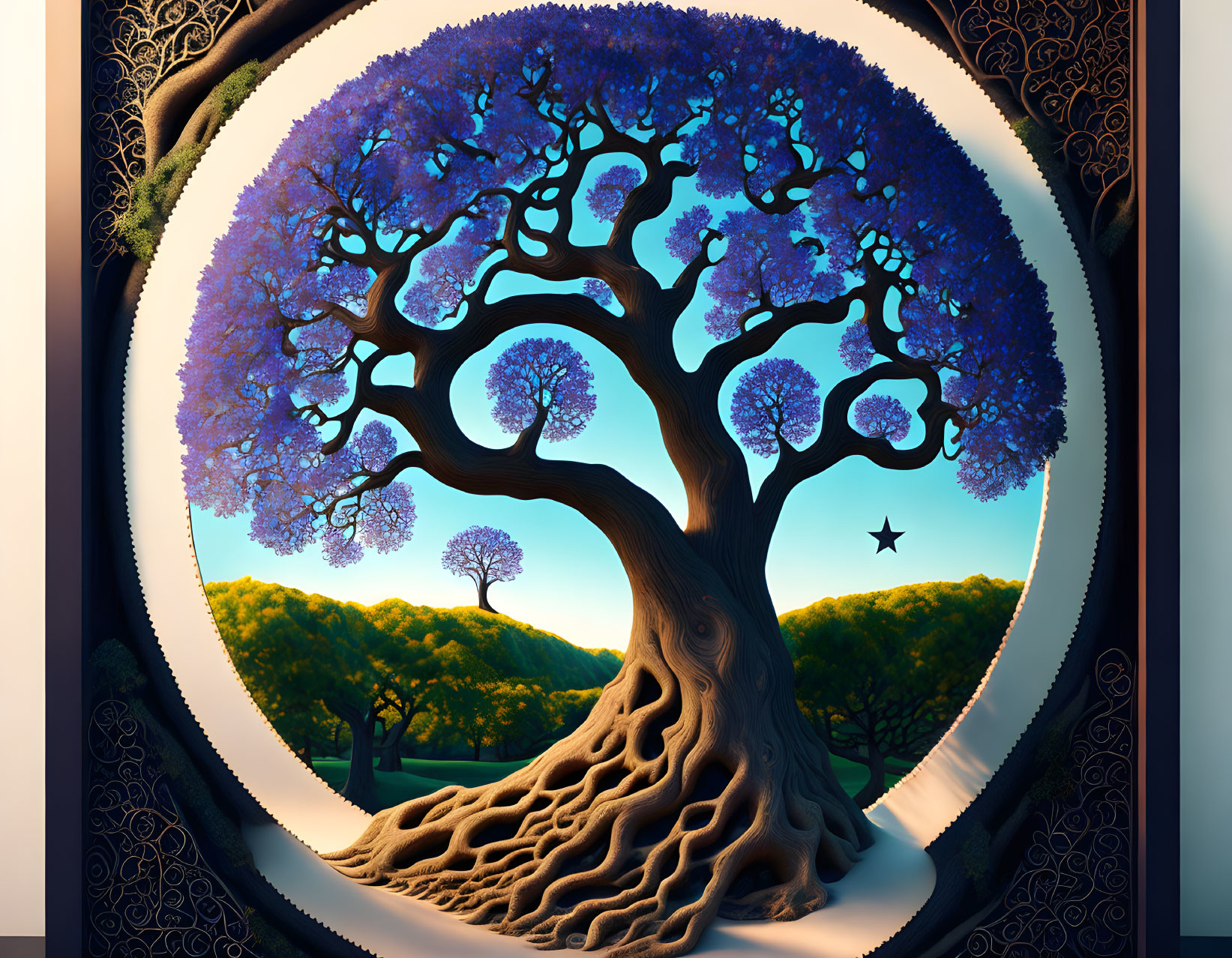 Surreal tree illustration with purple foliage in circular frame