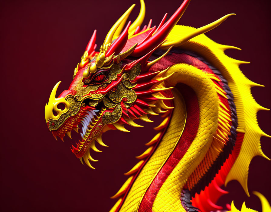 Golden dragon with red and yellow scales on rich red backdrop symbolizing power