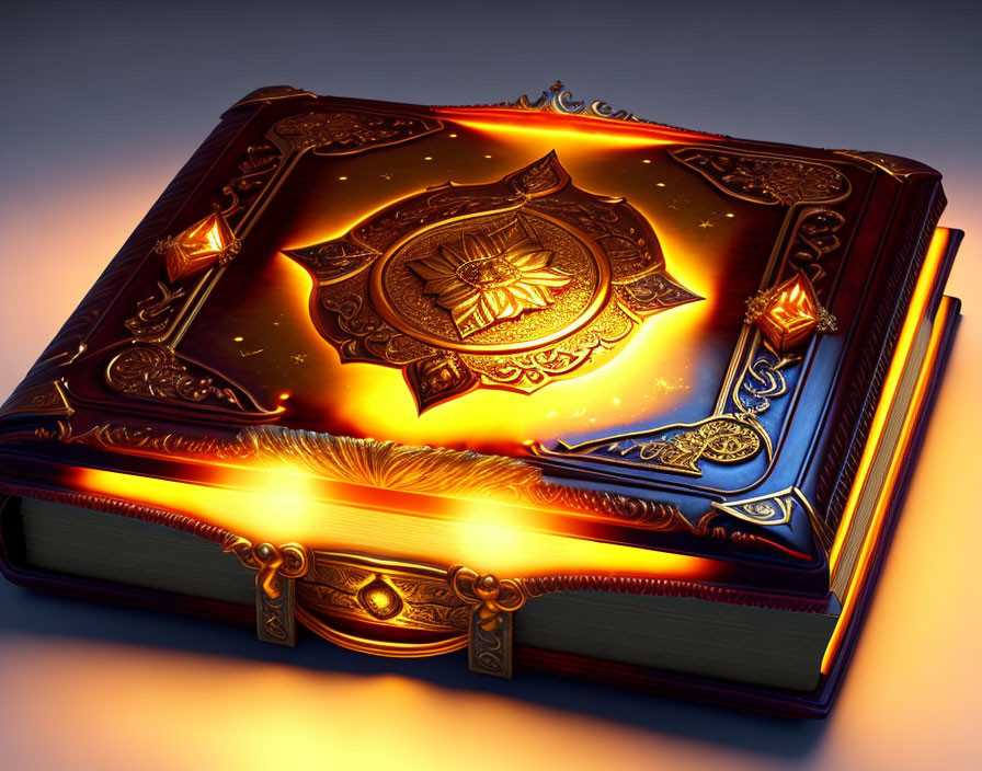 Intricate glowing fantasy book with golden designs and jewels on dark background