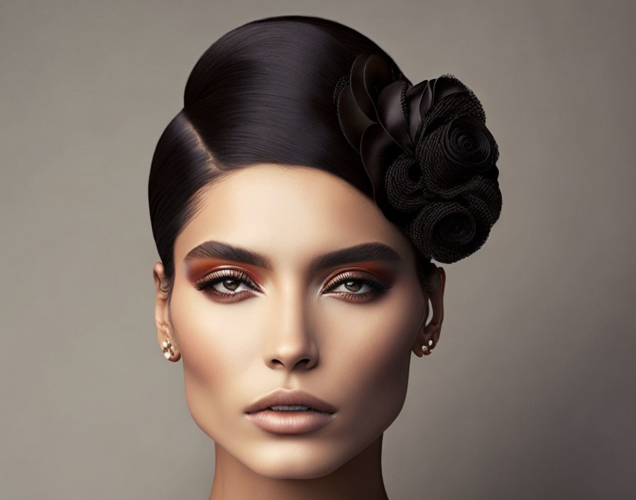 Woman with Rose-Shaped Hairstyle and Bold Makeup Portrait