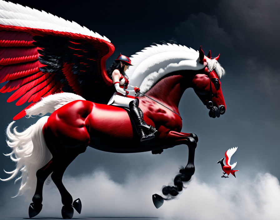 Red and White Winged Horse with Rider and Winged Figure Soaring Above Clouds