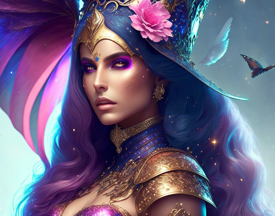 Fantasy woman with blue hair and golden headdress surrounded by butterflies