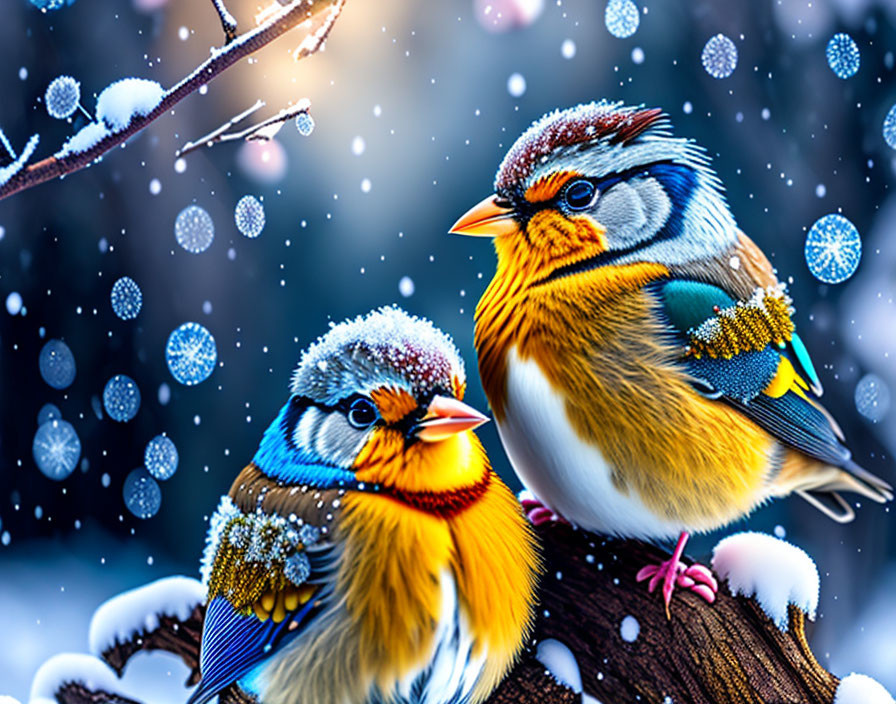 Colorful Birds Perched on Branch with Falling Snowflakes