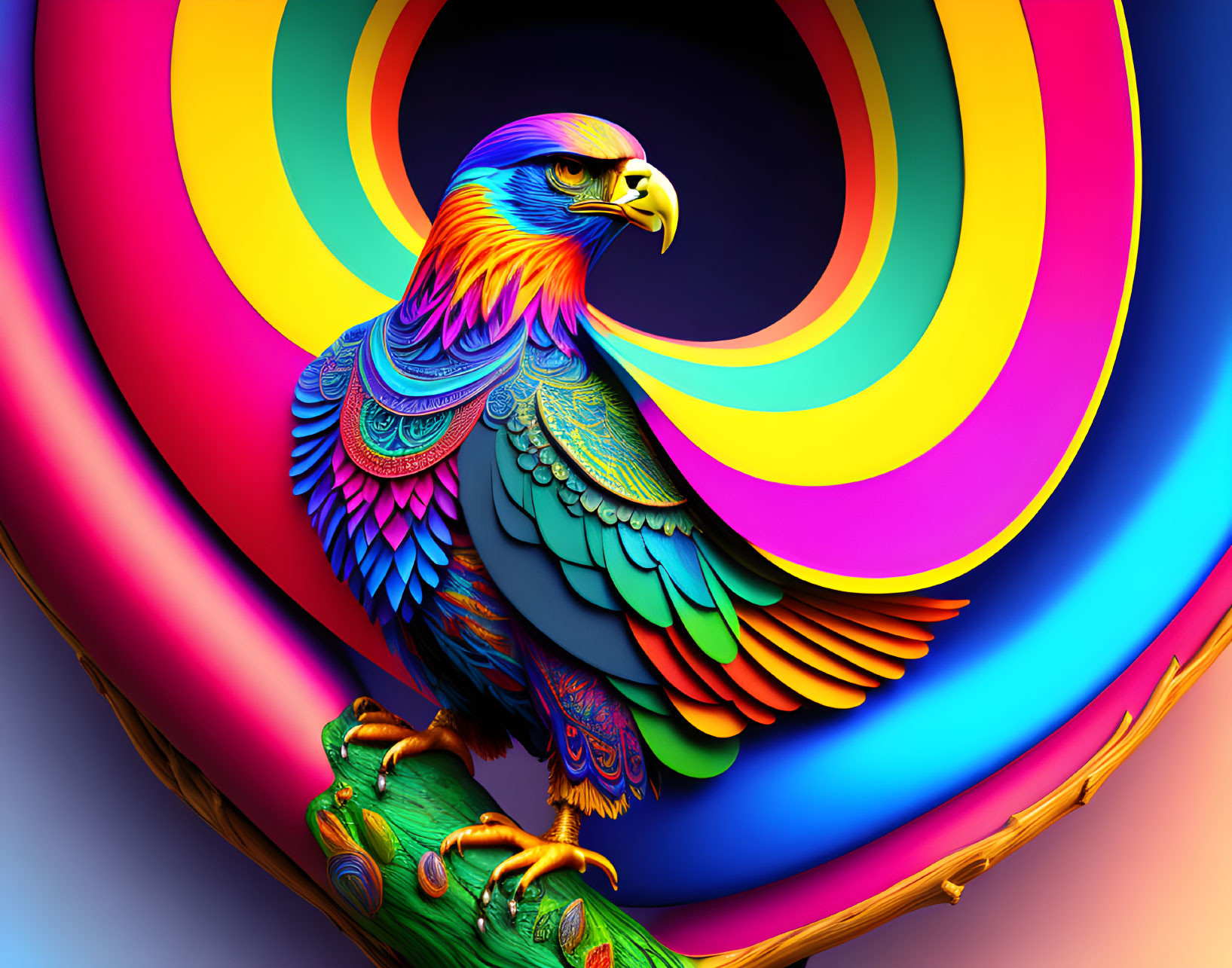 Colorful Eagle with Detailed Feathers Against Bold Circles