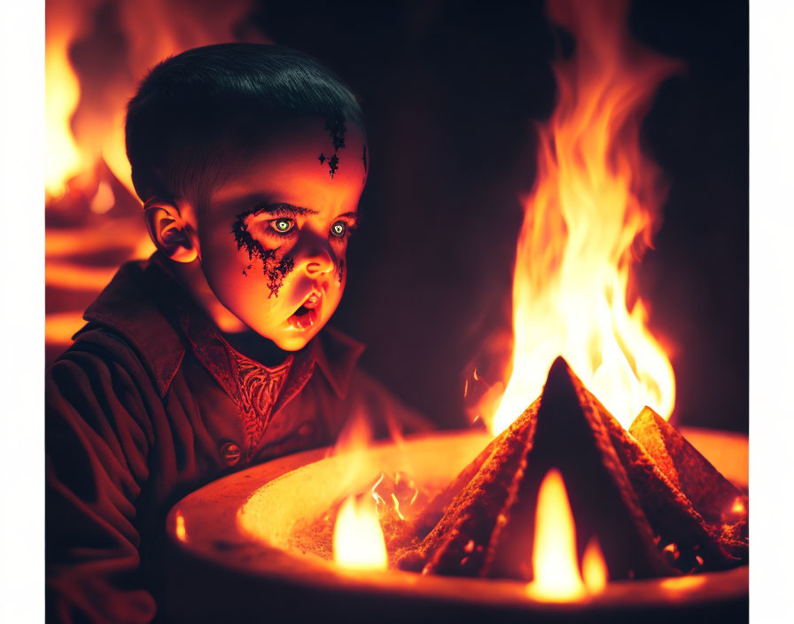 Child with dark eye makeup by bonfire in dimly lit setting