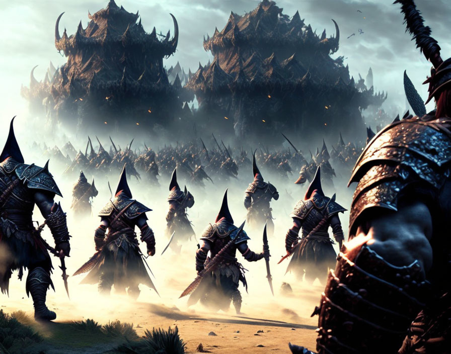 Armored warriors with horned helmets march towards spiked fortresses.