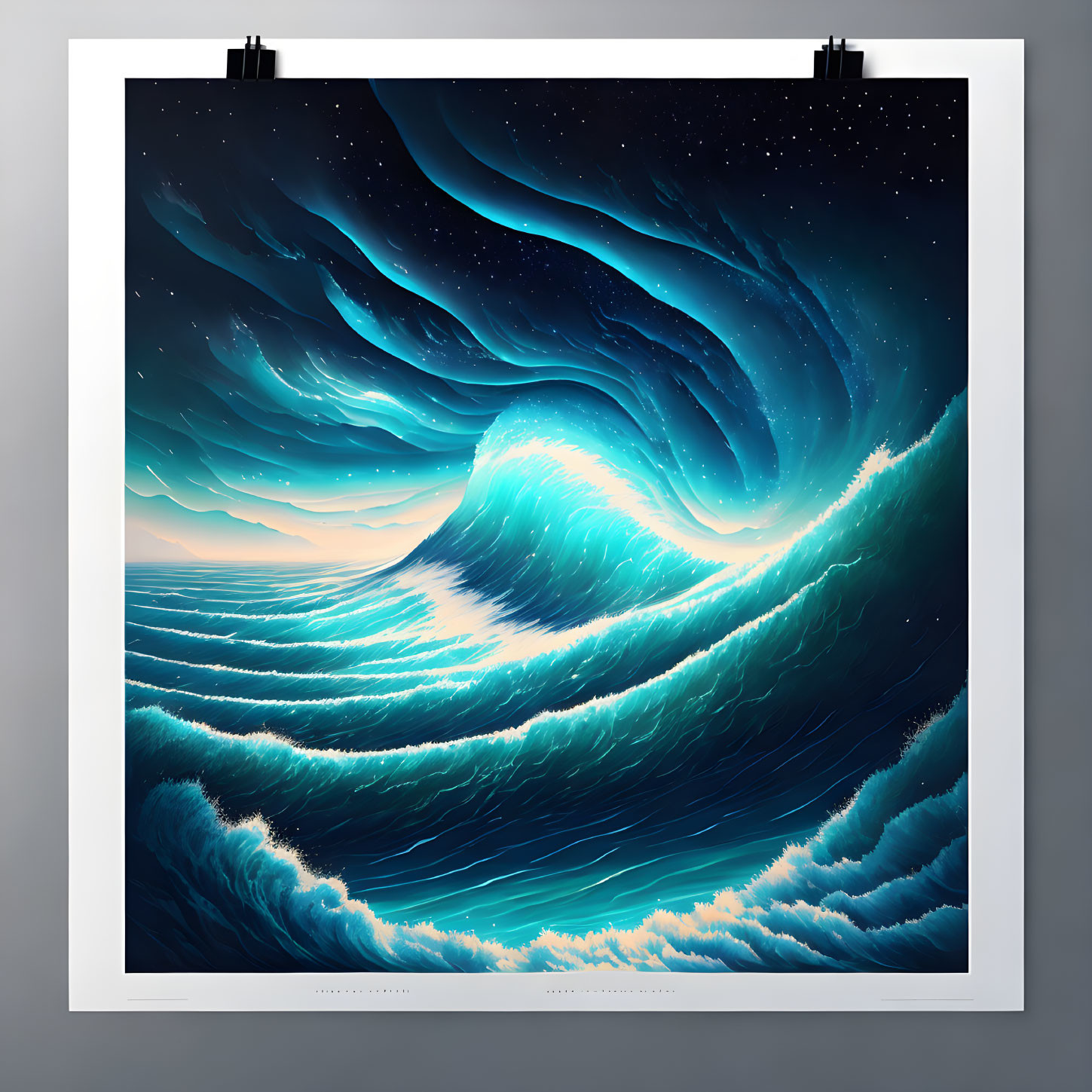 Stylized illustration of majestic wave under starry night sky