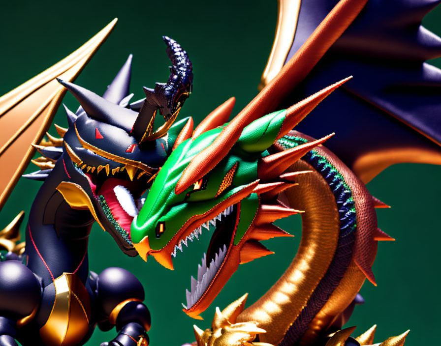 Detailed stylized dragons: black and gold vs green and orange