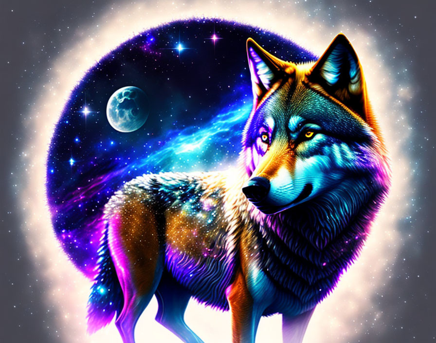 Colorful wolf with cosmic backdrop: stars, planet, and nebula