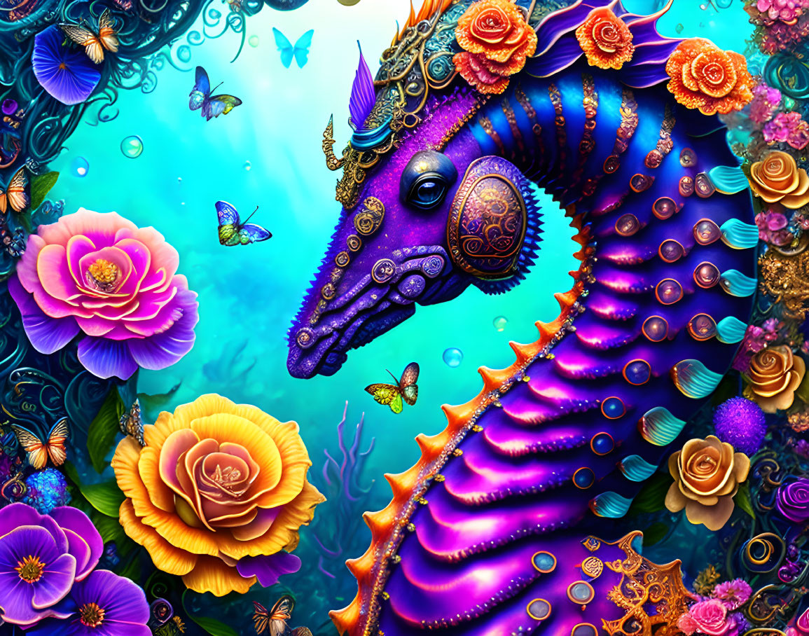 Colorful fantasy seahorse surrounded by flowers and butterflies underwater