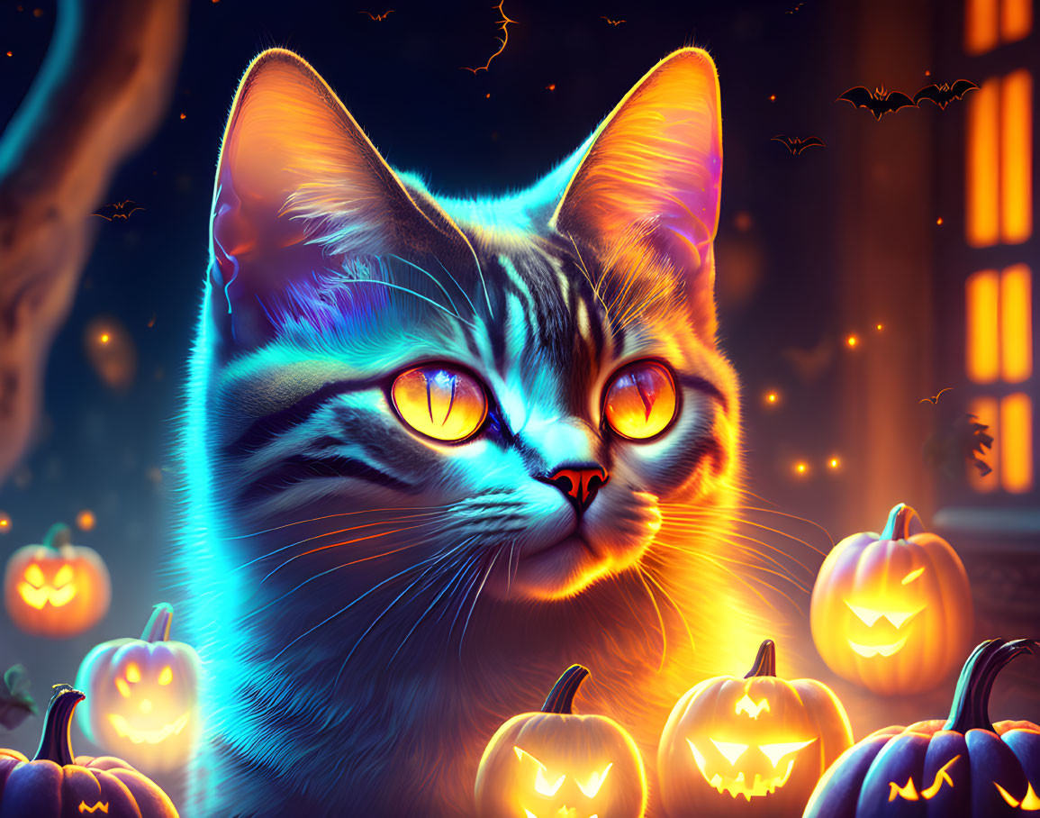 Glowing-eyed cat with Halloween jack-o'-lanterns and bats