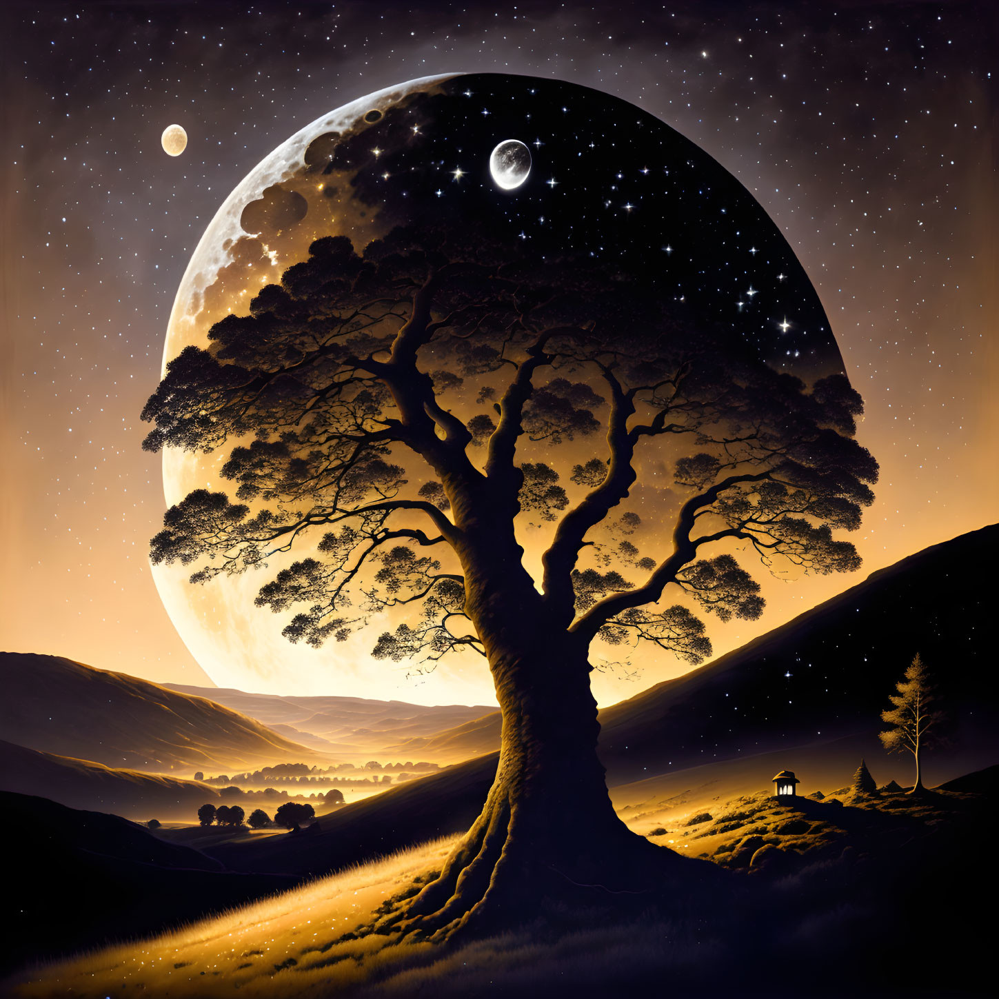 Surreal landscape with large tree, moon, stars, and small house at night