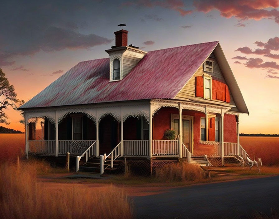 Two-story house with red roof and white porch in golden grass at sunset