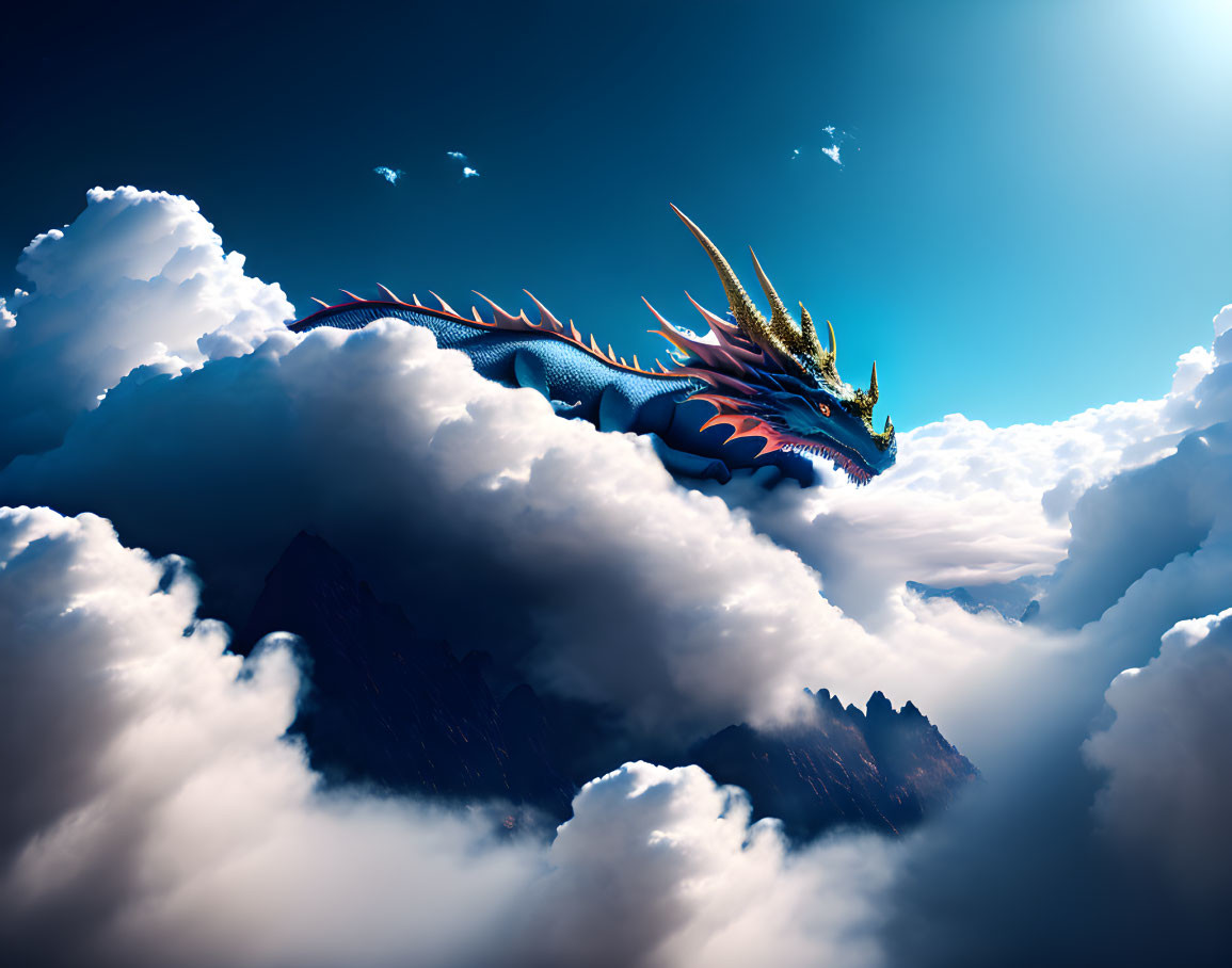 Blue-scaled dragon with golden horns flying over mountain peaks