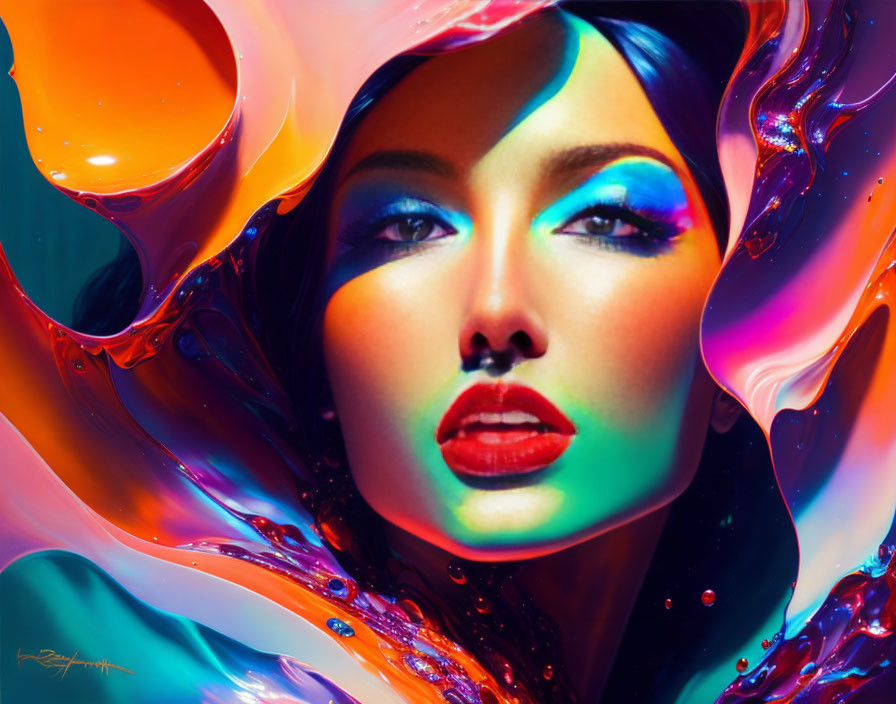 Colorful Abstract Portrait of Woman with Glossy Makeup and Swirling Hues