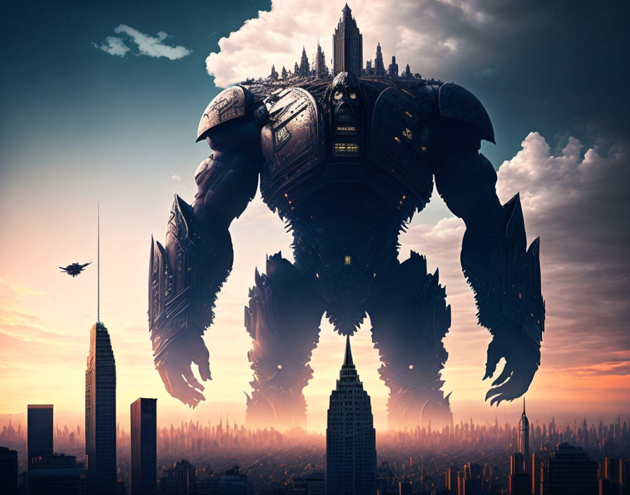 Giant robot with city-like structures in sunset-lit skyline with aircraft.