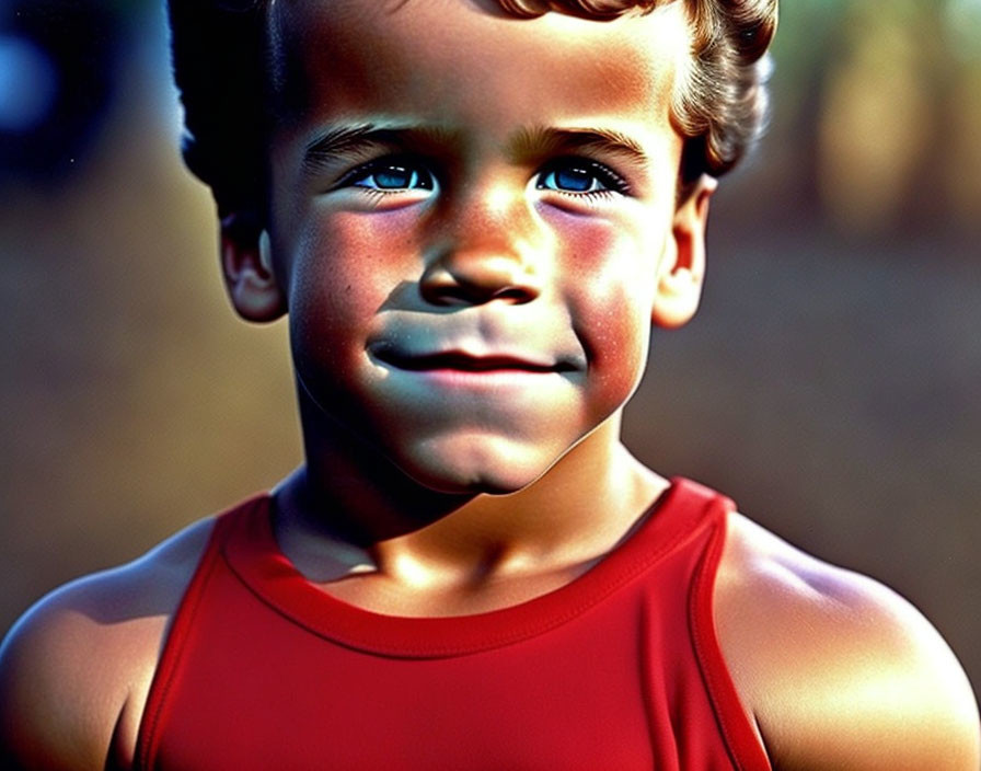 Curly-Haired Boy in Red Tank Top Smiling Under Sunlight