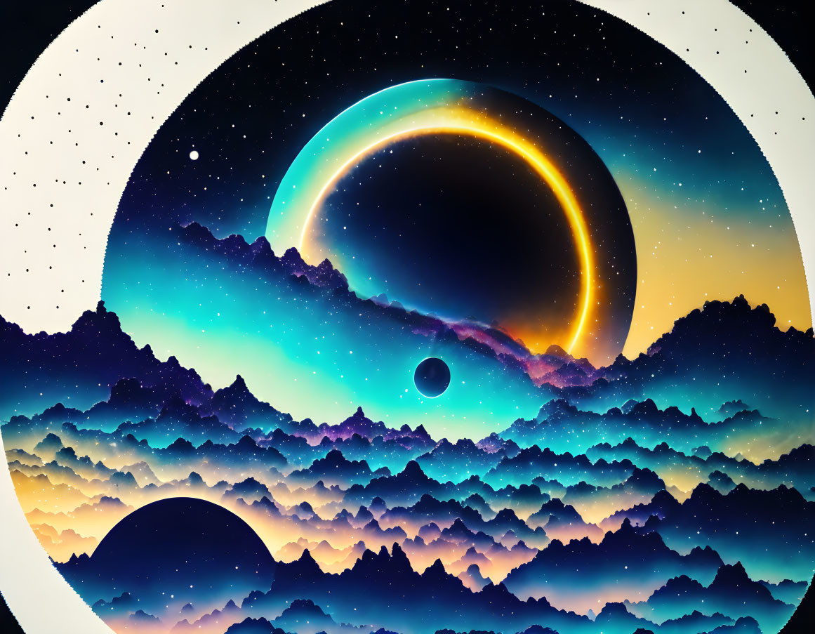 Digital artwork: Layered mountain silhouettes on cosmic backdrop