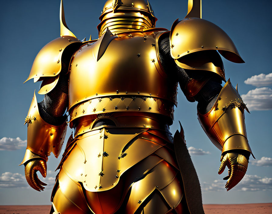 Golden armored person in desert landscape under clear sky