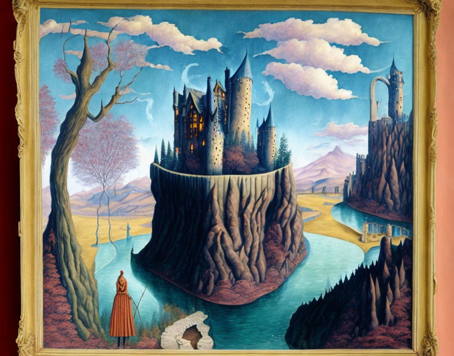 Fantastical painting of castle on steep rock with lone figure