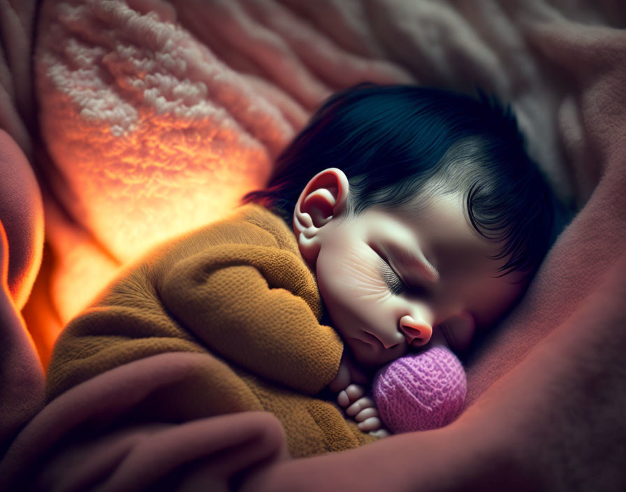 Sleeping baby cuddling purple ball in warm orange blanket with soft lighting