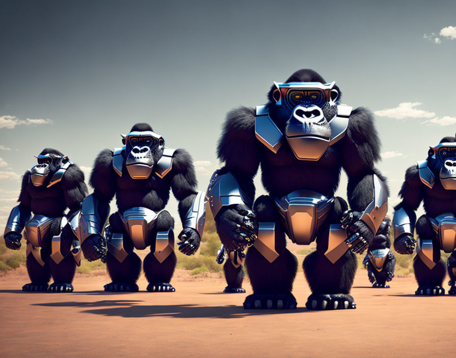 Animated robotic gorillas with futuristic armor walking under clear sky