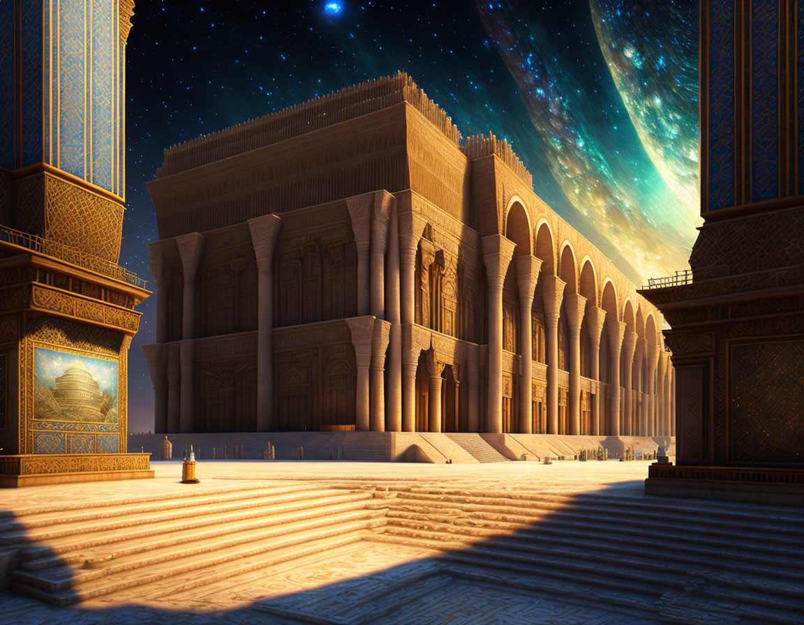 Digital artwork: Ancient temple with intricate carvings under starry sky