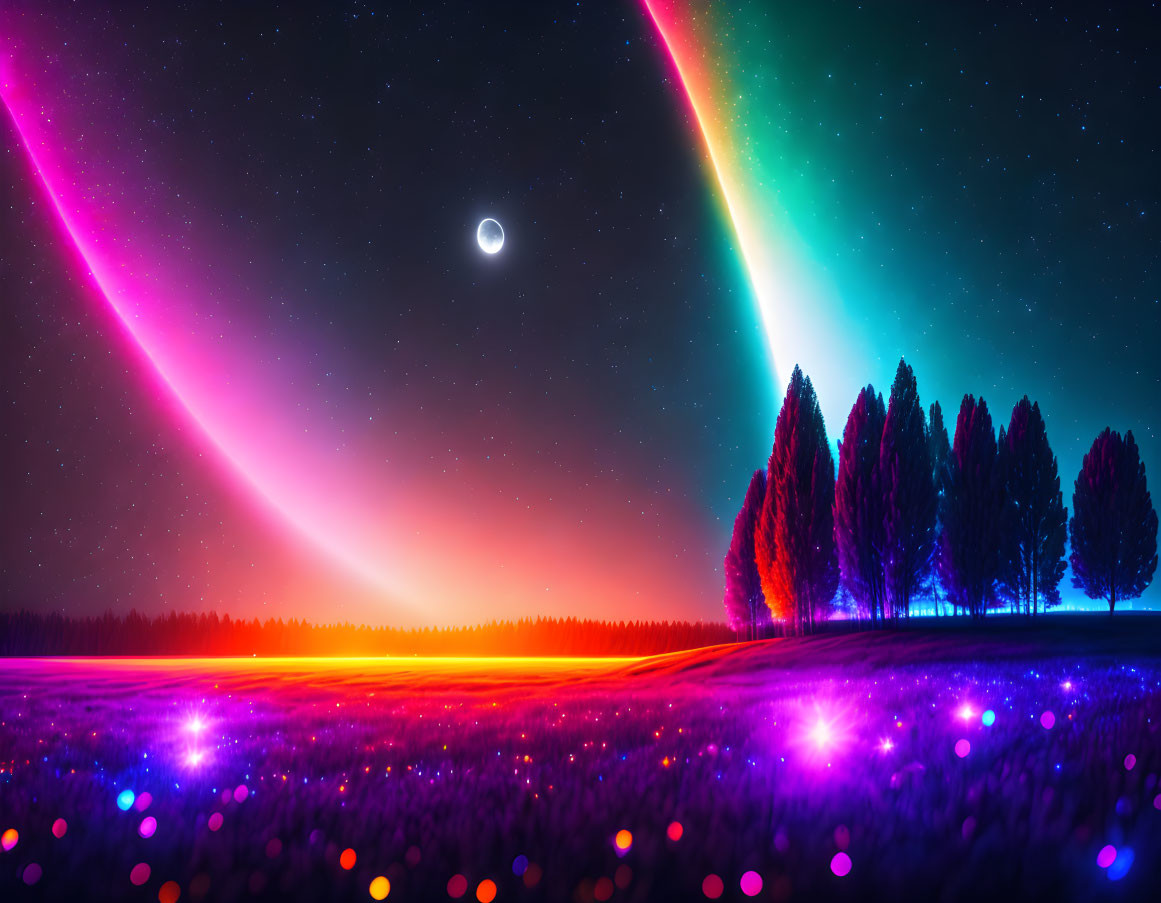 Colorful aurora night landscape with crescent moon, trees, and glowing field.