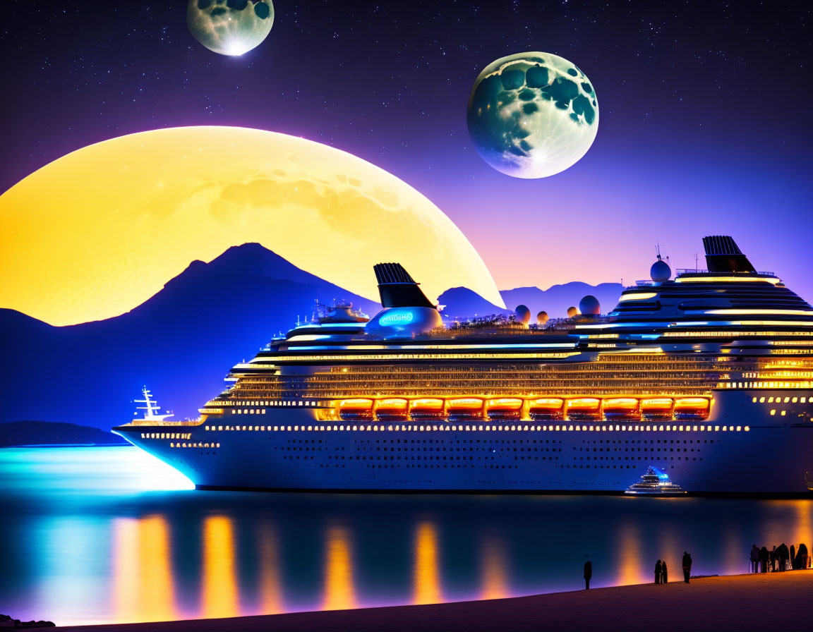 Futuristic cruise ship on beach at night with moons and planets in sky