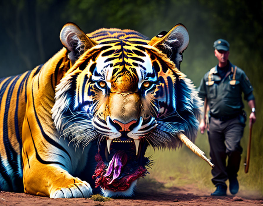 Vividly colored tiger with meat, man in uniform on forest path