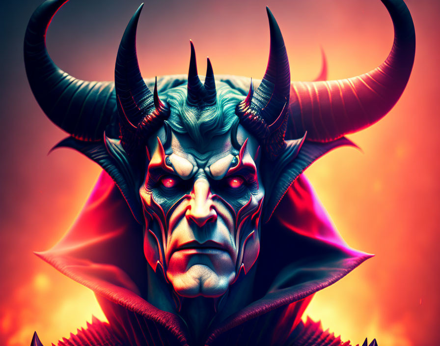 Menacing character with horns and red glowing eyes in fiery setting