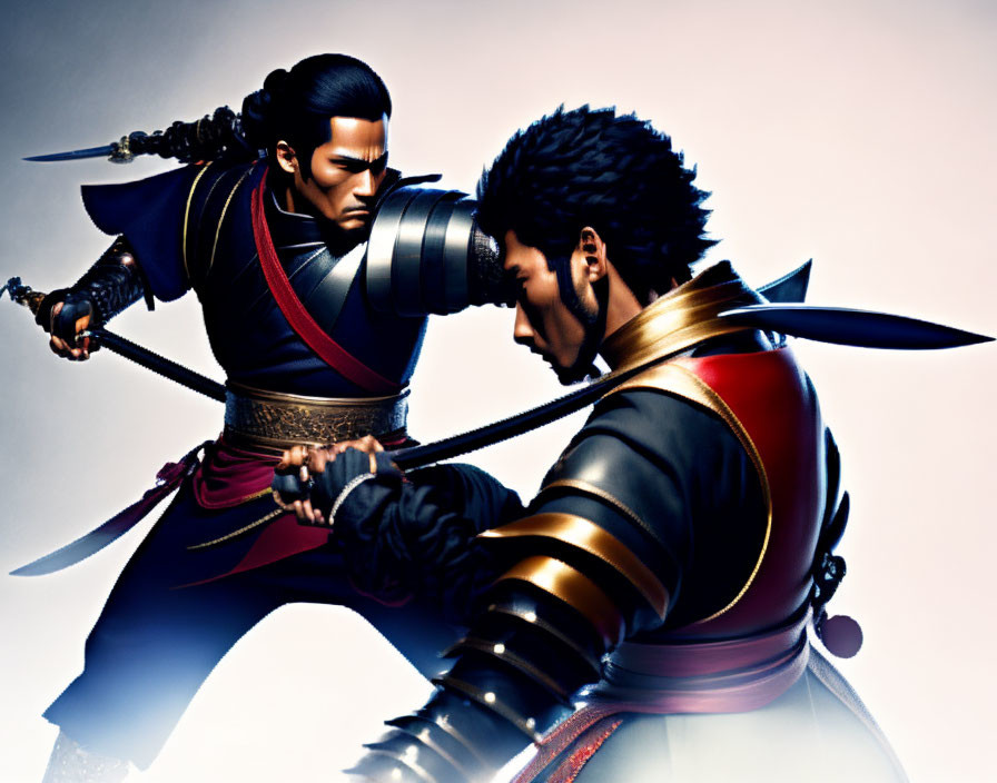 Animated samurai warriors in close combat duel with dramatic lighting