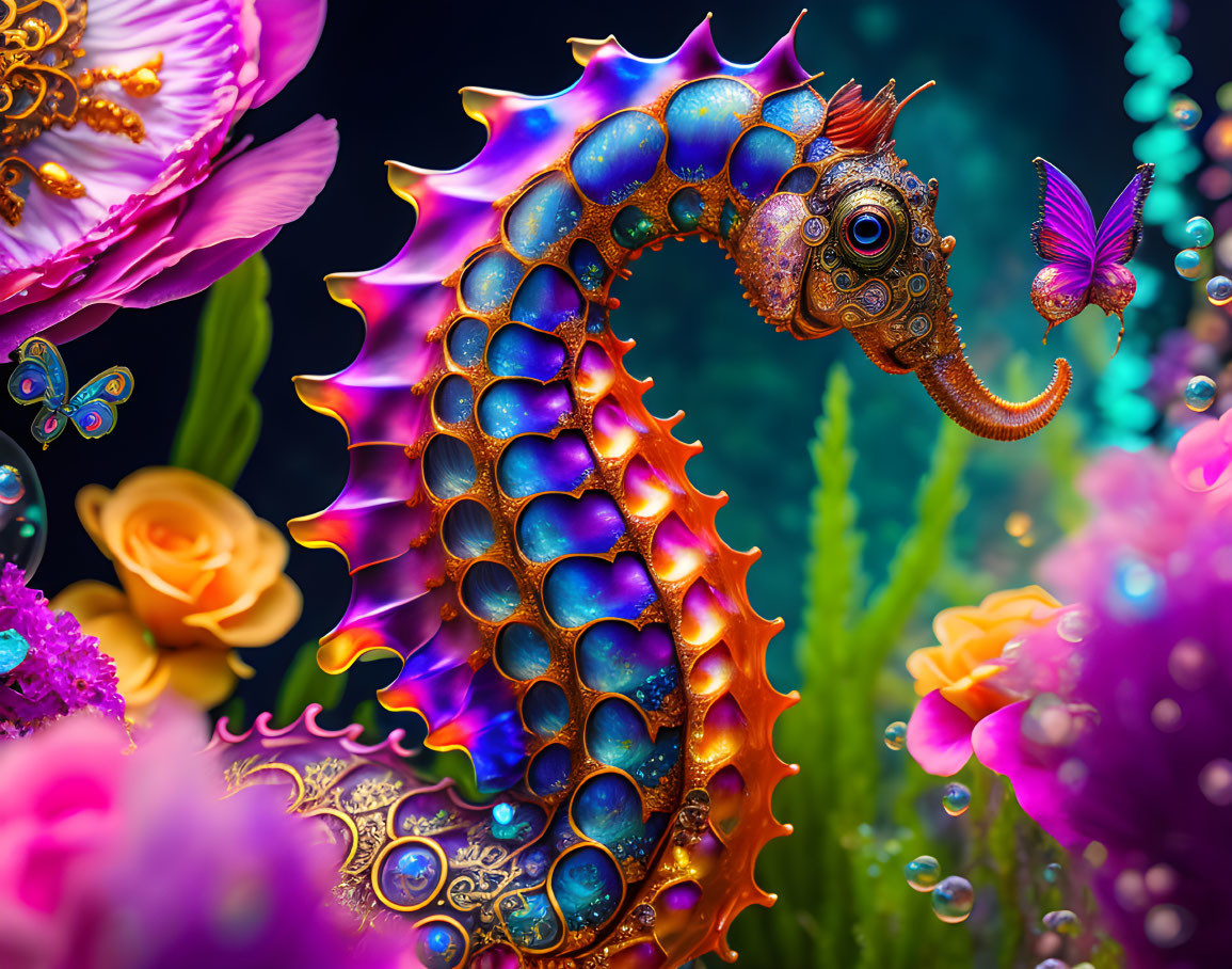 Colorful Ornate Seahorse Surrounded by Flowers and Butterflies Underwater