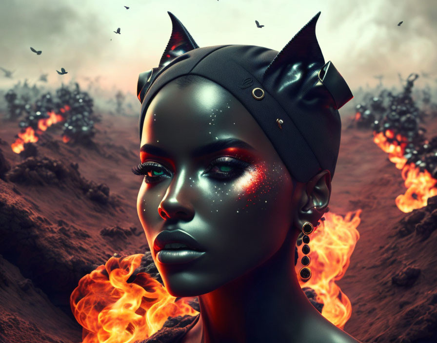 Digital artwork: Dark-skinned woman with cat ears, glowing makeup, in fiery apocalyptic landscape.