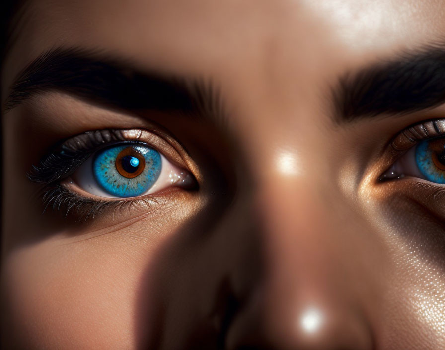 Close-up portrait of person with vibrant blue eyes under sunlight.