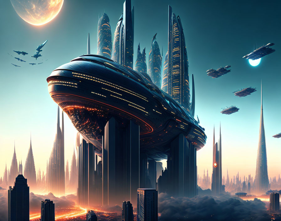 Futuristic cityscape with skyscrapers, spaceship, planets, and glowing sunset.