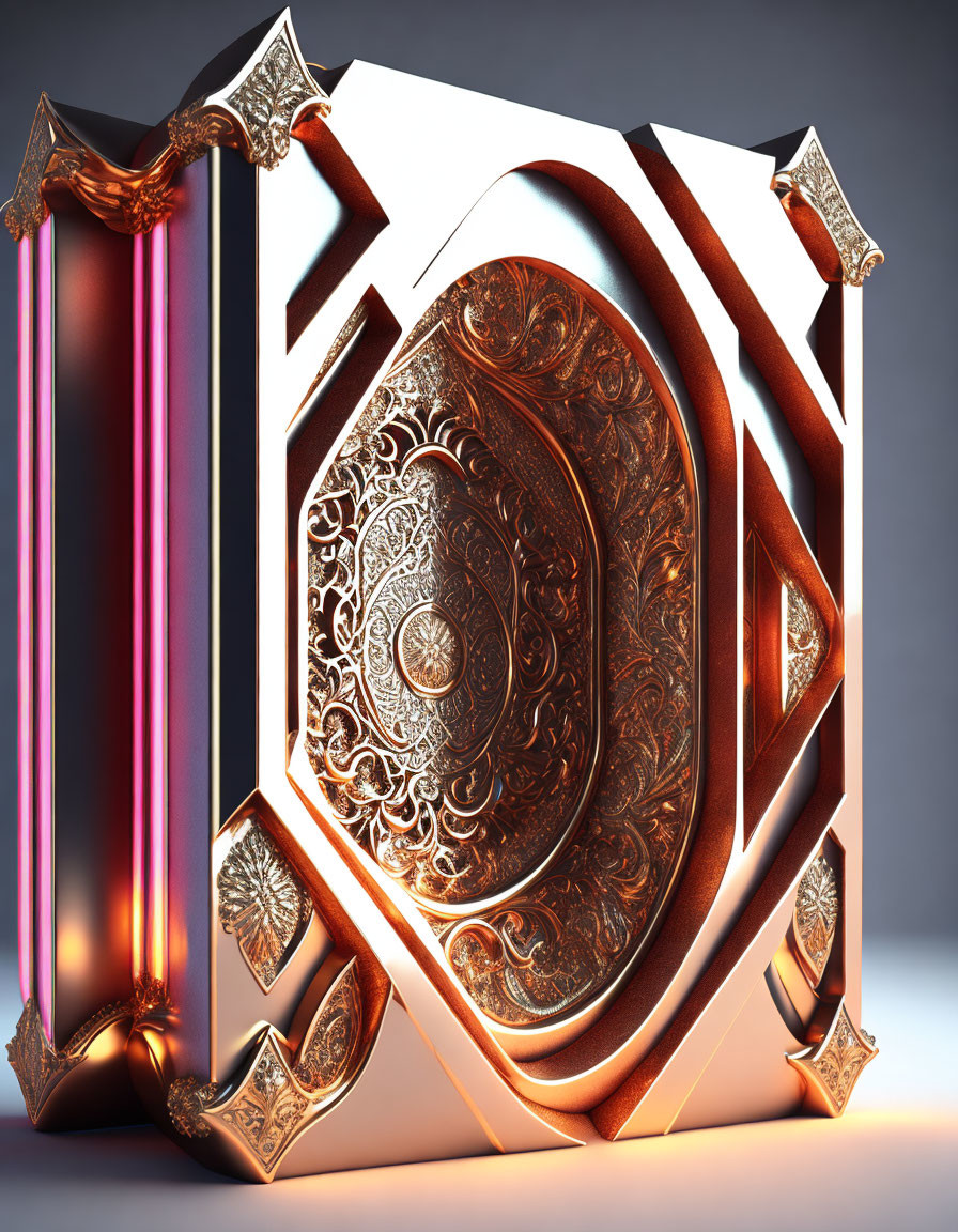 3D-rendered ornate shield with bronze embossing in marbled frame and crimson curtains