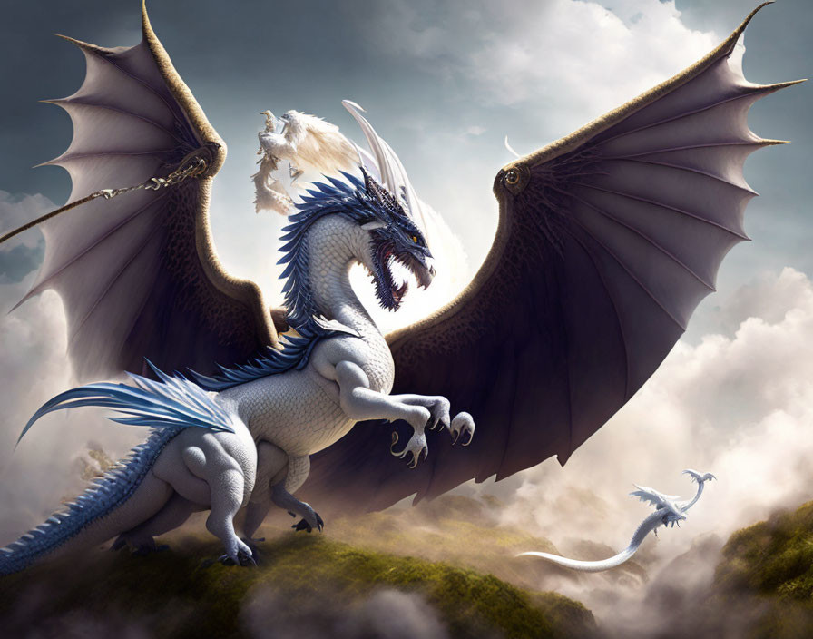 Two dragons in cloudy sky: one perched on rocky outcrop, another flying.