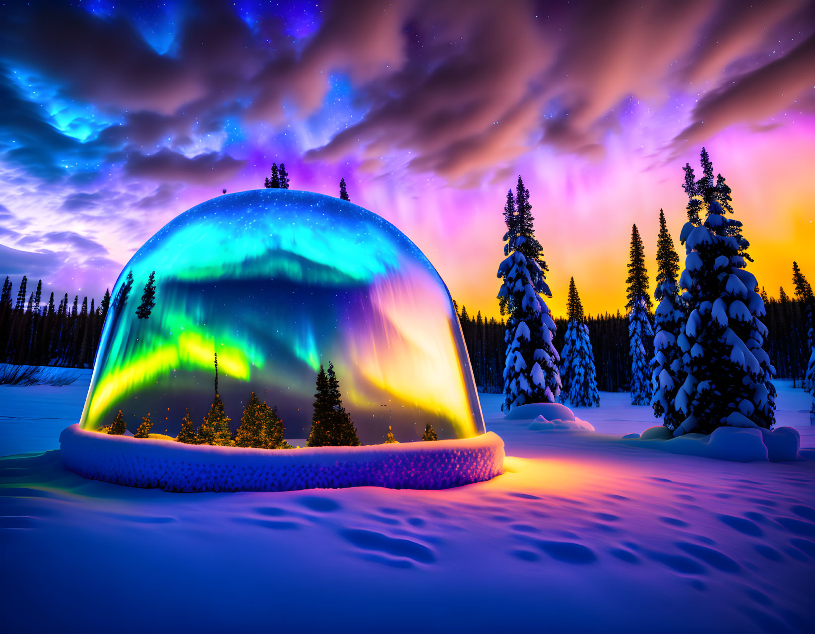 Northern Lights illuminate transparent dome shelter in snowy landscape