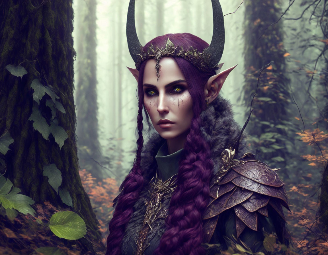 Fantasy elf with purple skin in armor and crown, forest backdrop