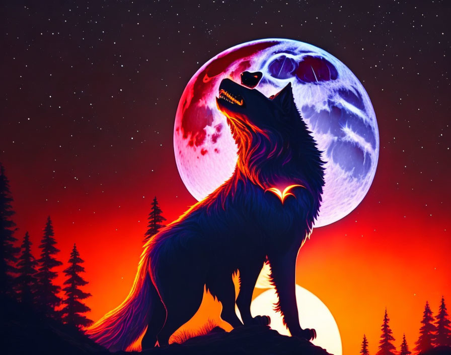 Wolf silhouette howling under full moon in starry sky landscape