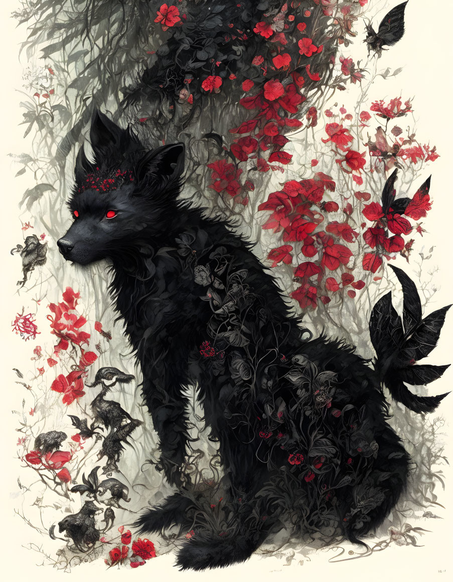 Black mystical wolf with red eyes in floral vines and red blooms.