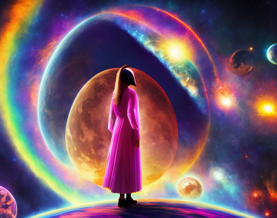 Person in pink robe contemplates cosmic scene with oversized planets and stars