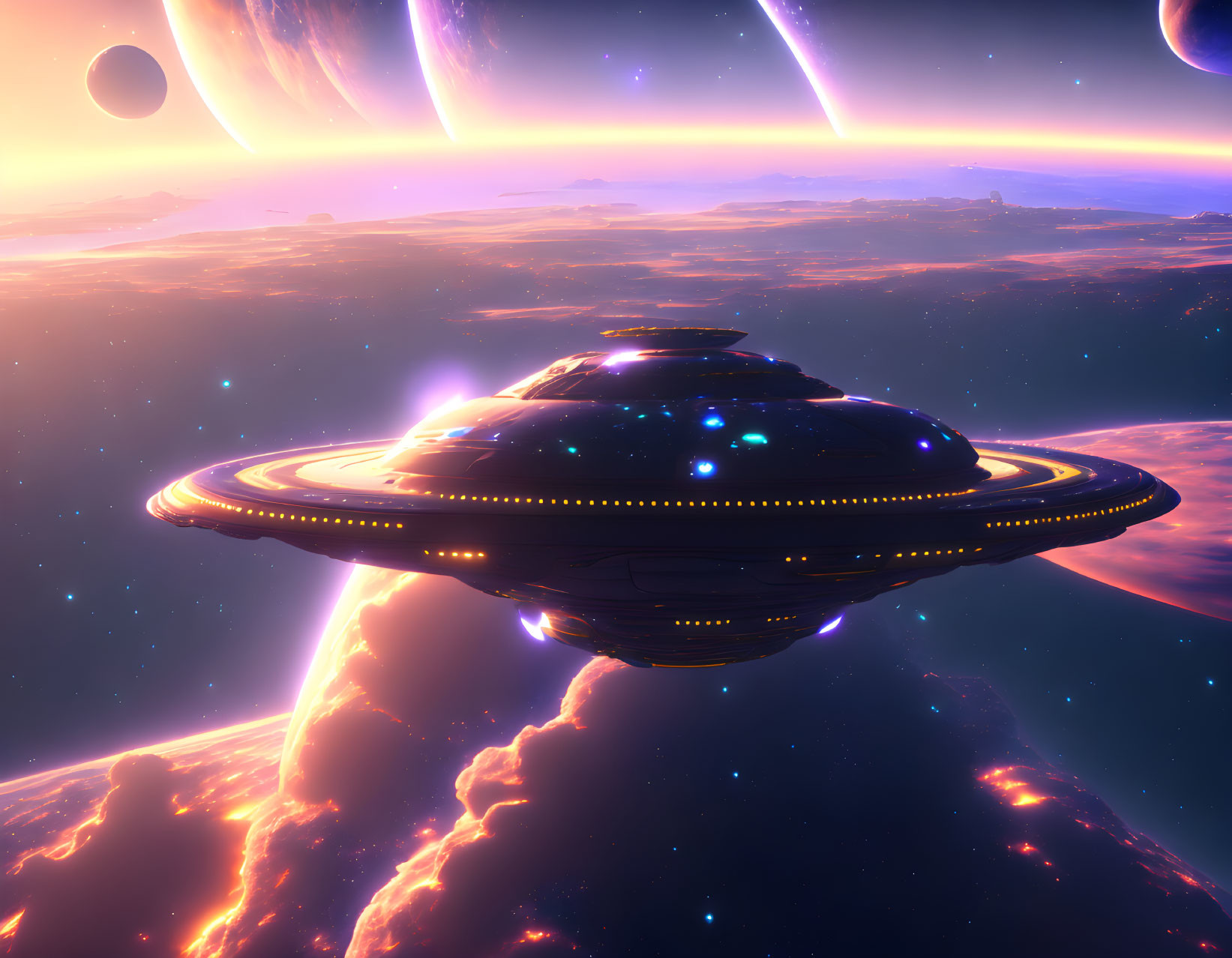 Futuristic spaceship hovering over vibrant alien planet