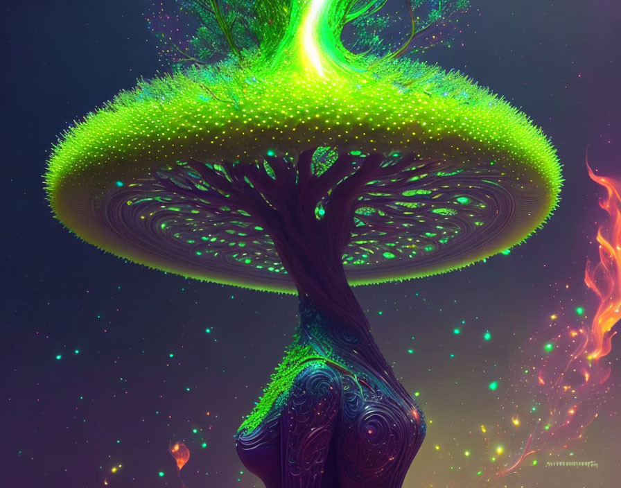 Colorful digital artwork: Fantastical tree with luminous canopy on cosmic backdrop