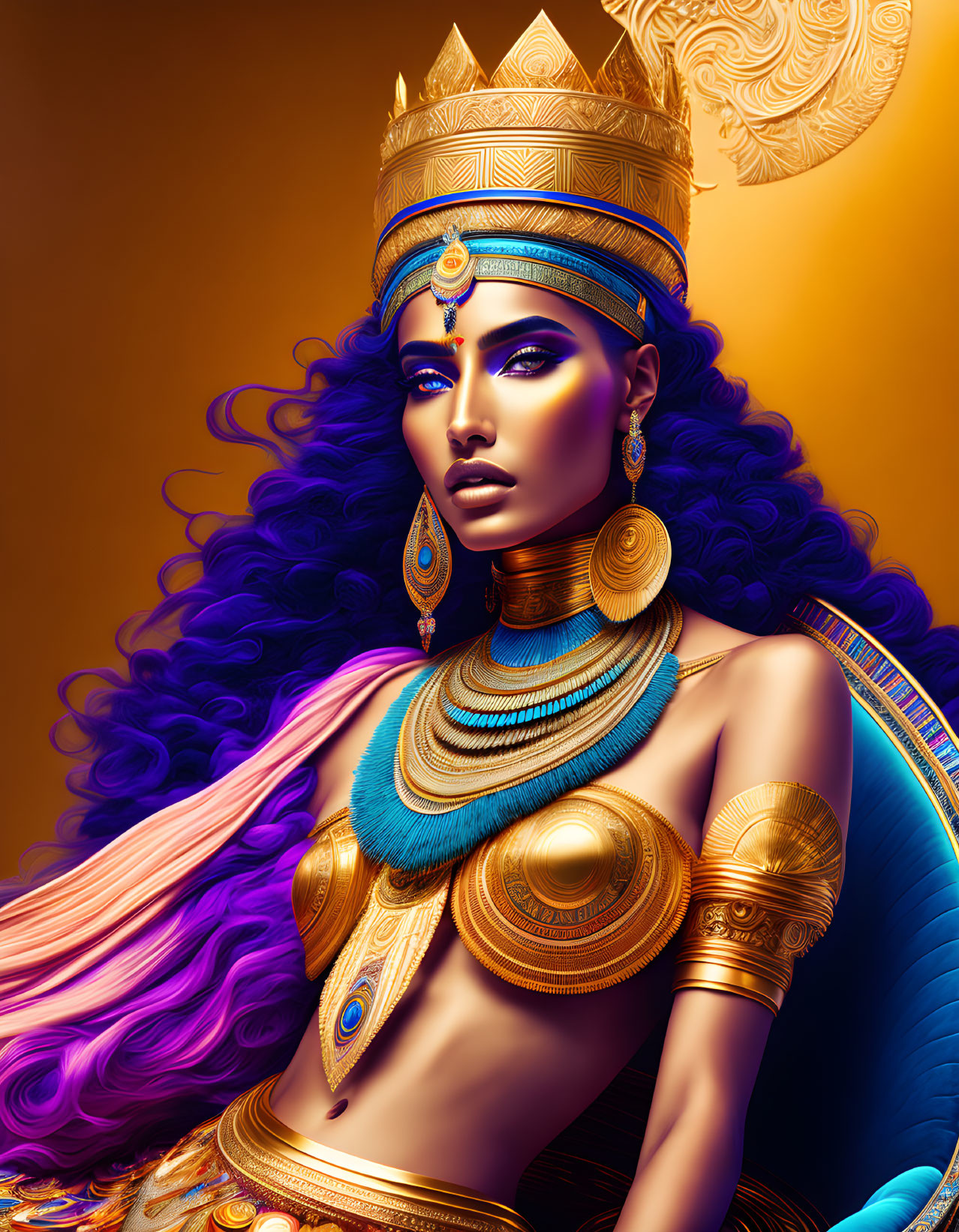 Majestic Egyptian-inspired figure with blue and gold headdress and purple hair