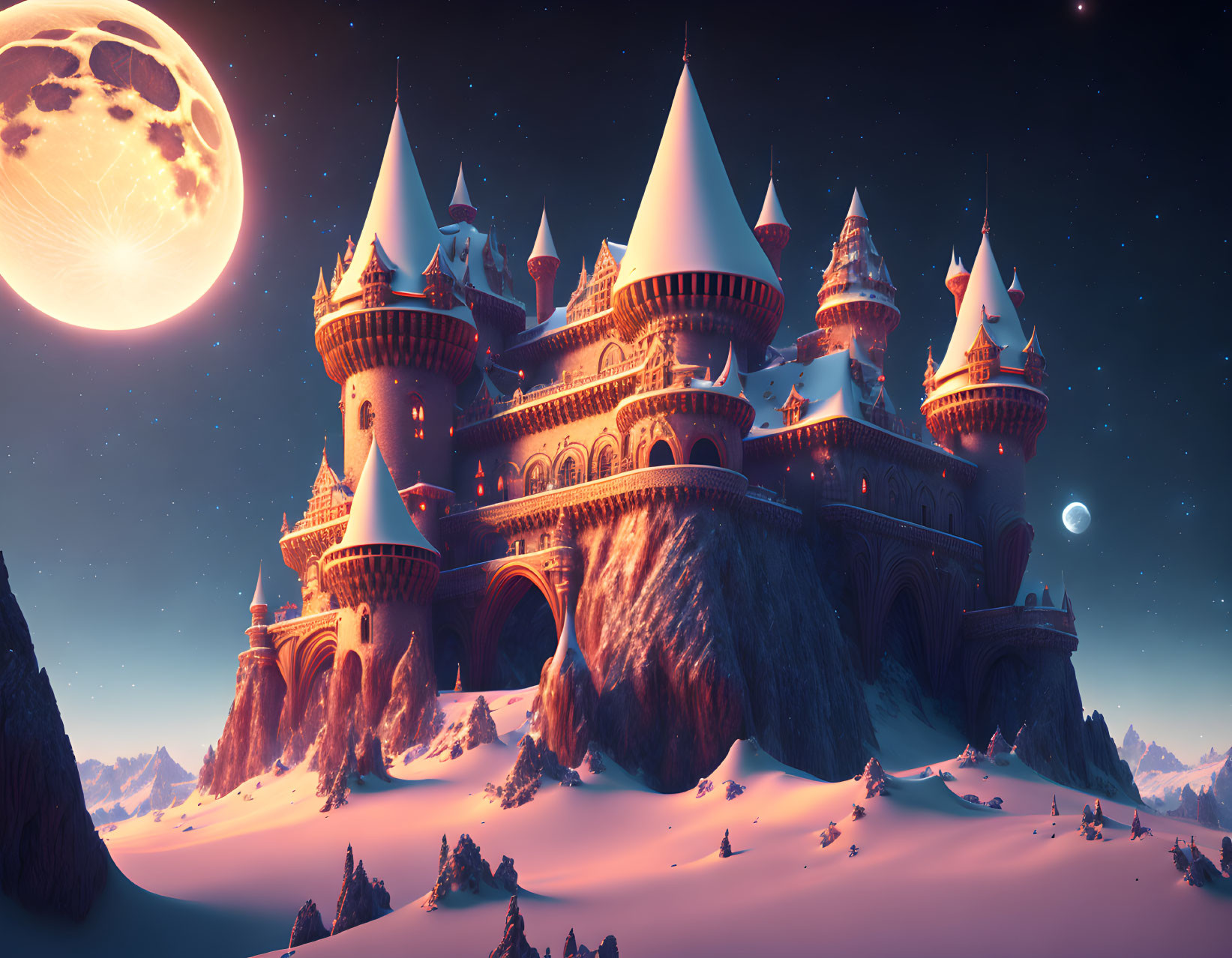 Fantasy castle with spires on snowy cliff under starry sky